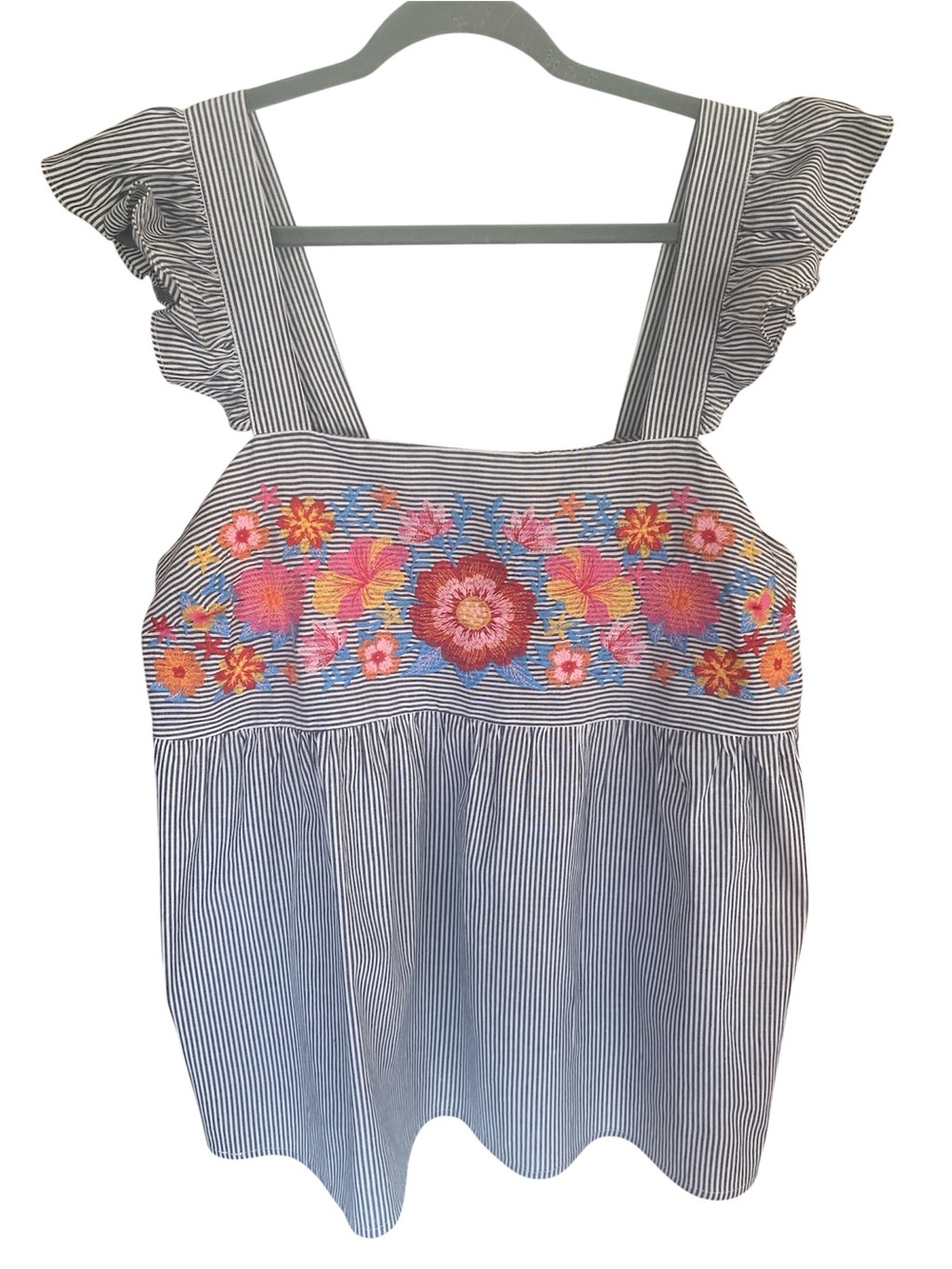 Savanna Jane Blue Striped Top with Multicolor Floral Embroidery Size 1X